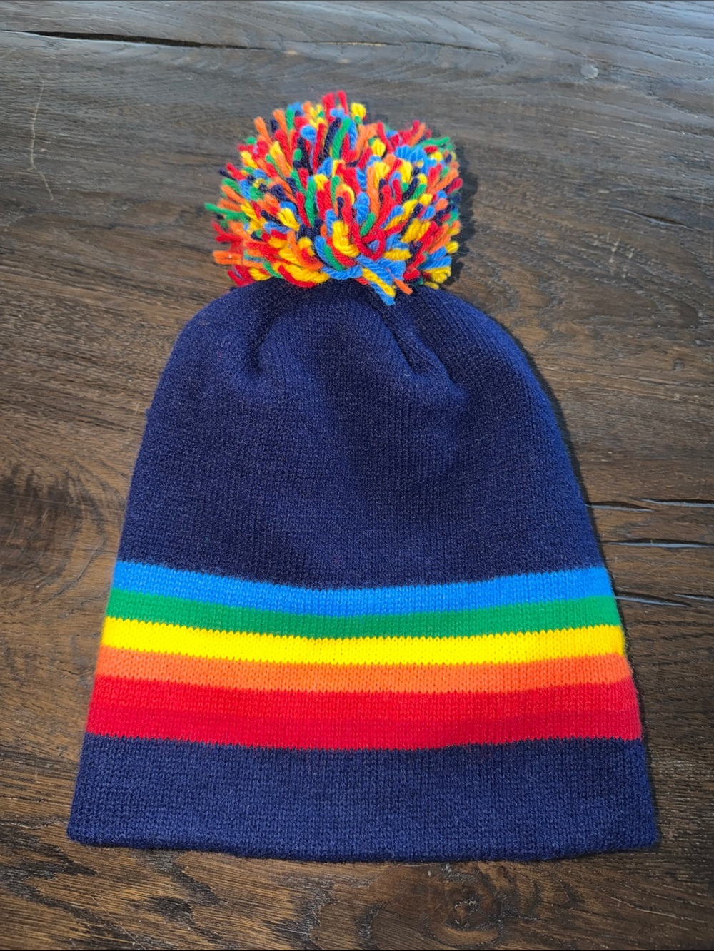 Vintage Ski PomPom Beanie Hat -Navy with Rainbow🌈  Stripe